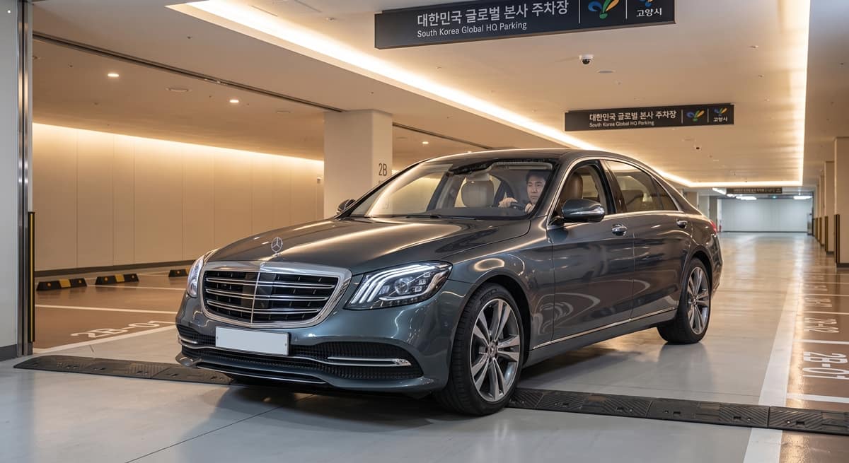 법인 기사 파견 관련 안전하게 주차 서비스를 제공하는 모습 (Safe mobility chauffeur parking a premium car)